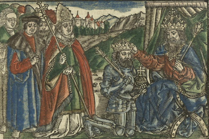 Prvý poľský kráľ Boleslav Chrabý dostáva korunu od nemeckého cisára Ota III. © Wikimedia.org