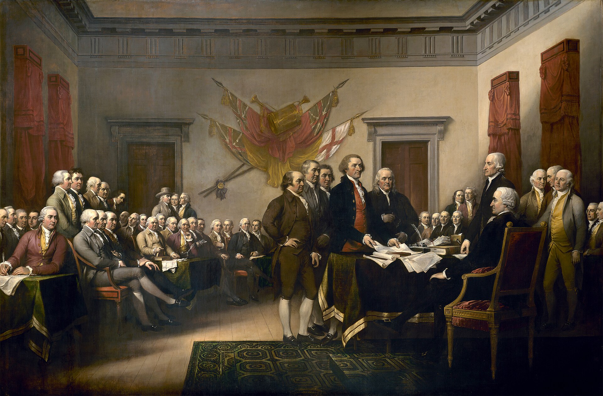 Slávny obraz Johna Trumbulla, ktorý zachytáva prezentáciu Deklarácie členom Kongresu. © Wikimedia.org