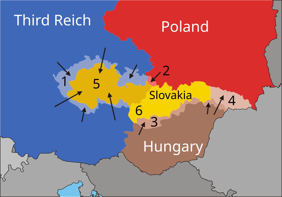 Mapa zhŕňa výsledky Mníchovskej dohody a následnej Viedenskej arbitráže veľmi jasne. © Wikimedia.org