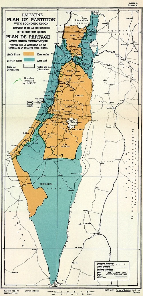Plán dvoch štátov - židovského a arabského, podľa OSN. © Wikimedia.org
