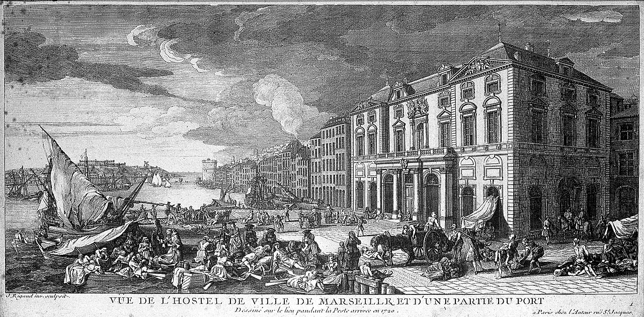 Prístav Marseille počas moru v roku 1720. Vľavo vidno jeden zo symbolov šírenia - plachetnicu (autor Jacques Rigaud). © Wikimedia.org