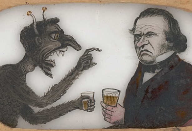 „Andy a jeho premiér“. Dobové vyobrazenie údajného alkoholizmu prezidenta Andrewa Johnsona, ktorý mohol mať vplyv na jeho verejné vystupovanie. Autor:  Samuel J. Reader, r. 1913  © Wikimedia.org